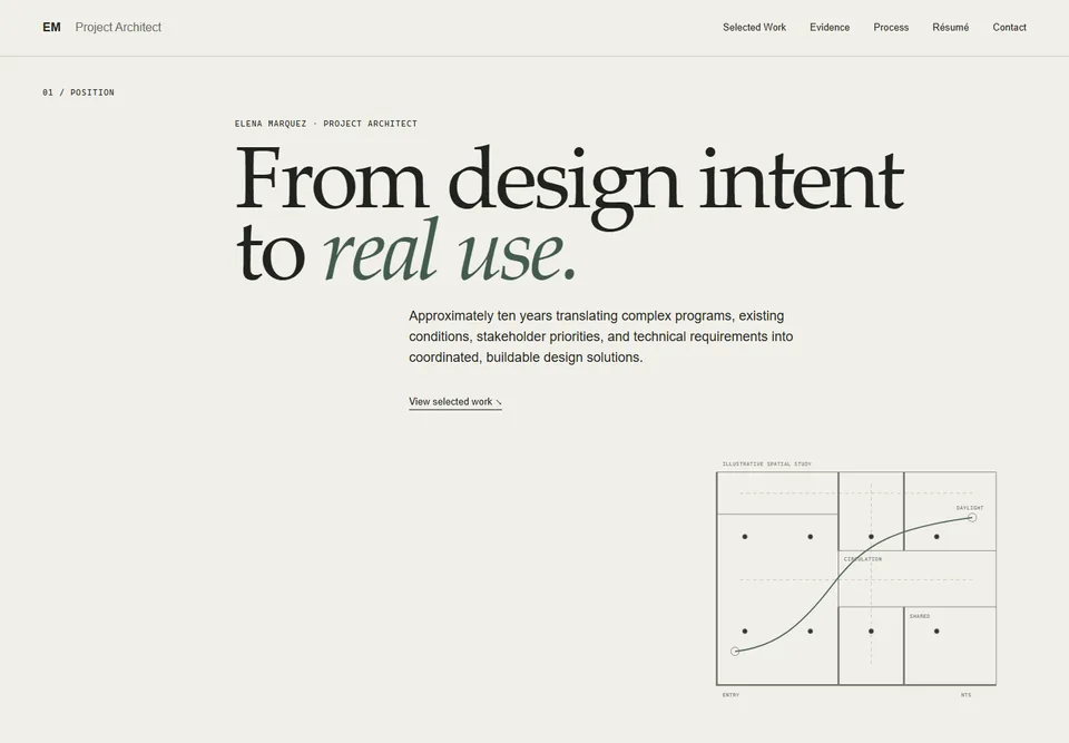 Elena Marquez fictional architect portfolio showing its architectural imagery and project-focused composition.