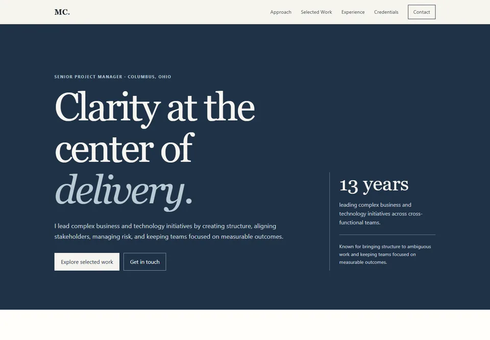 Project Manager sample portfolio showing its presentation of professional identity and project delivery.