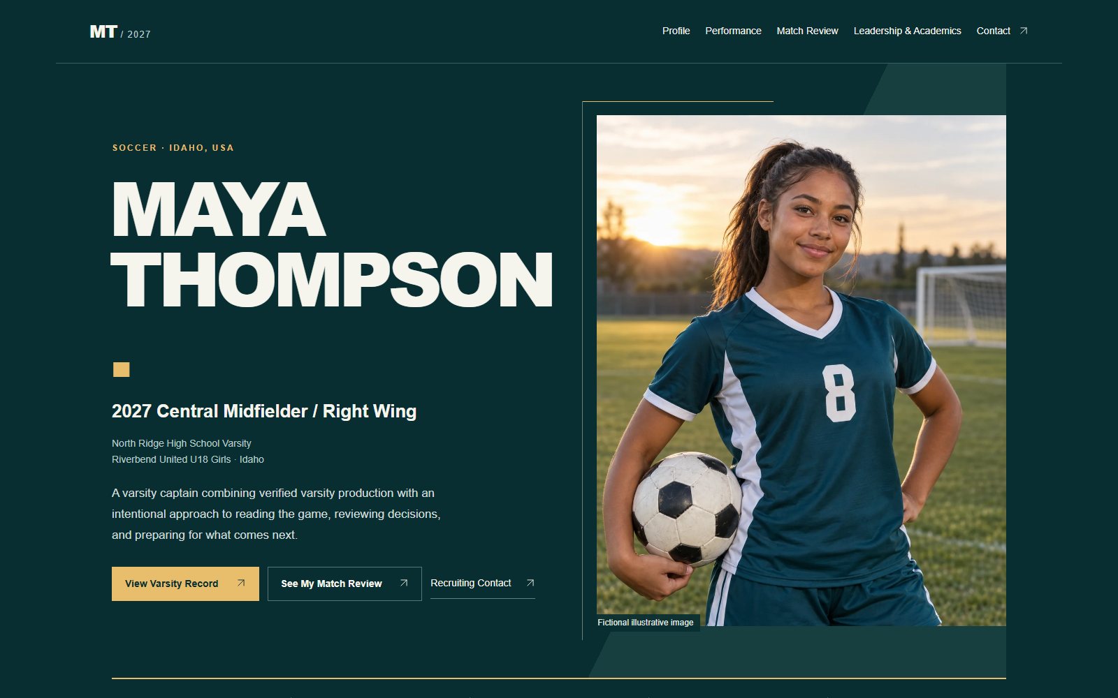Maya Thompson athlete Showcase opening with her name, soccer profile, and a portrait on the field