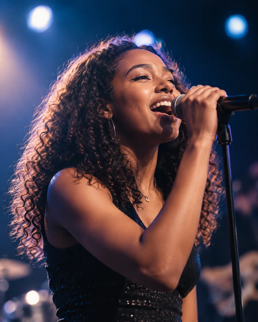 Singer performing into a microphone under blue stage lights