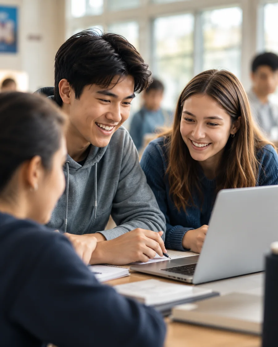 Three students smiling together while working with a laptop and notebooks